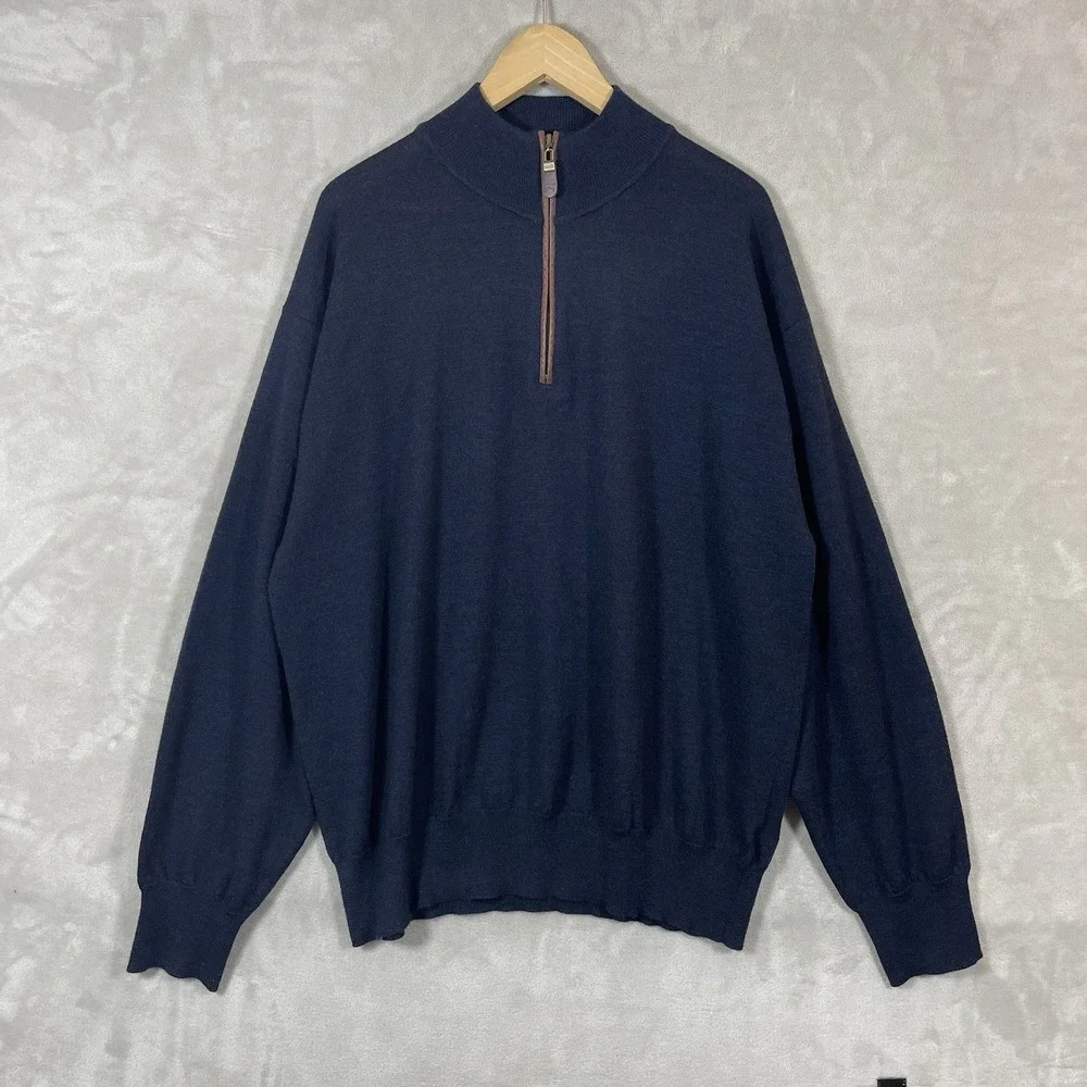 Orvis Men's XXL Navy Blue Merino Wool 1/4 Zip Mock Neck Sweater Knit